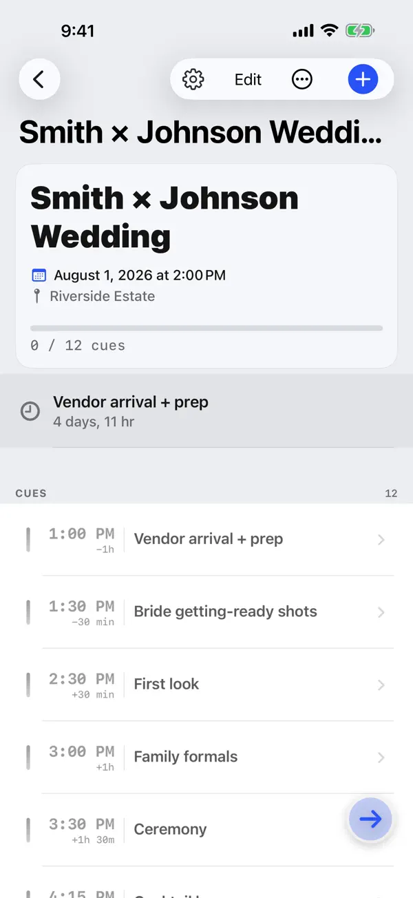 A wedding event on iPhone, with its cue list and times running down the screen.