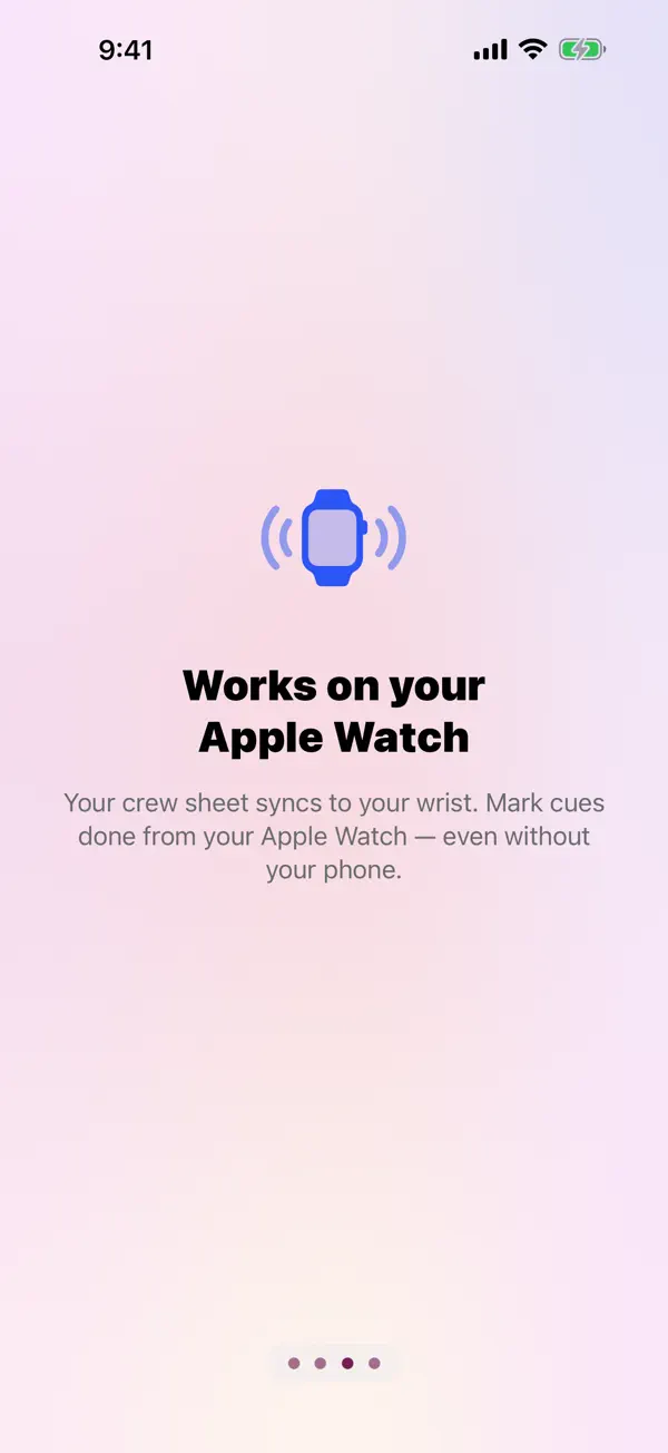 An onboarding screen explaining that the crew sheet syncs to your Apple Watch.