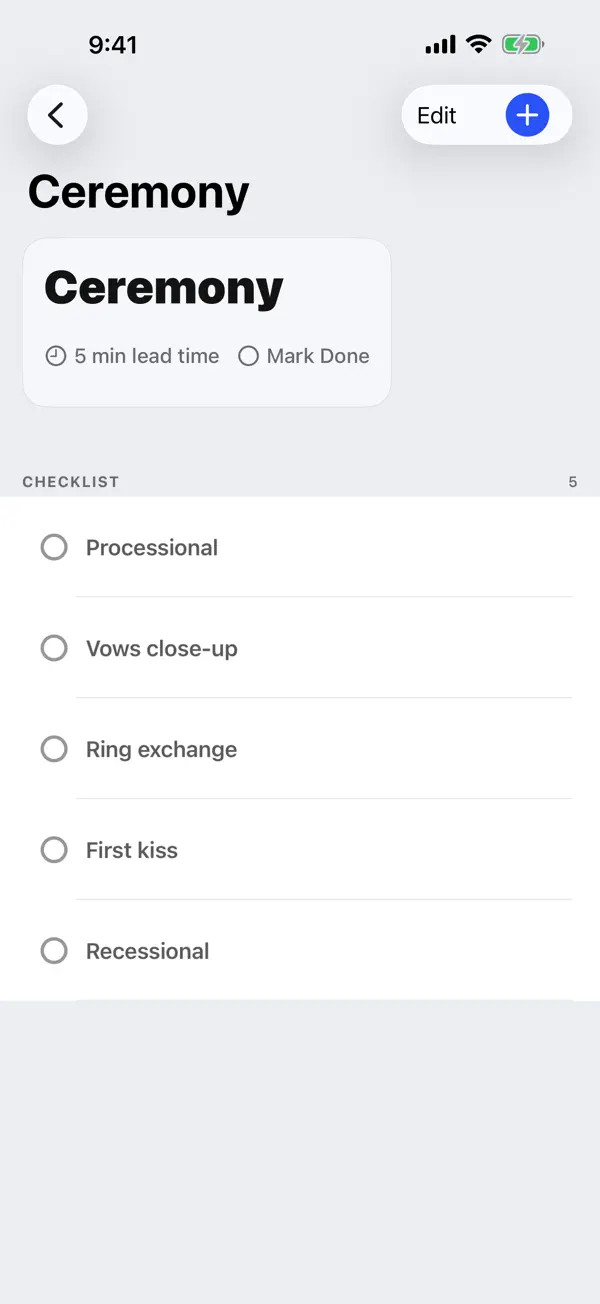 A single cue opened up, with its checklist items.