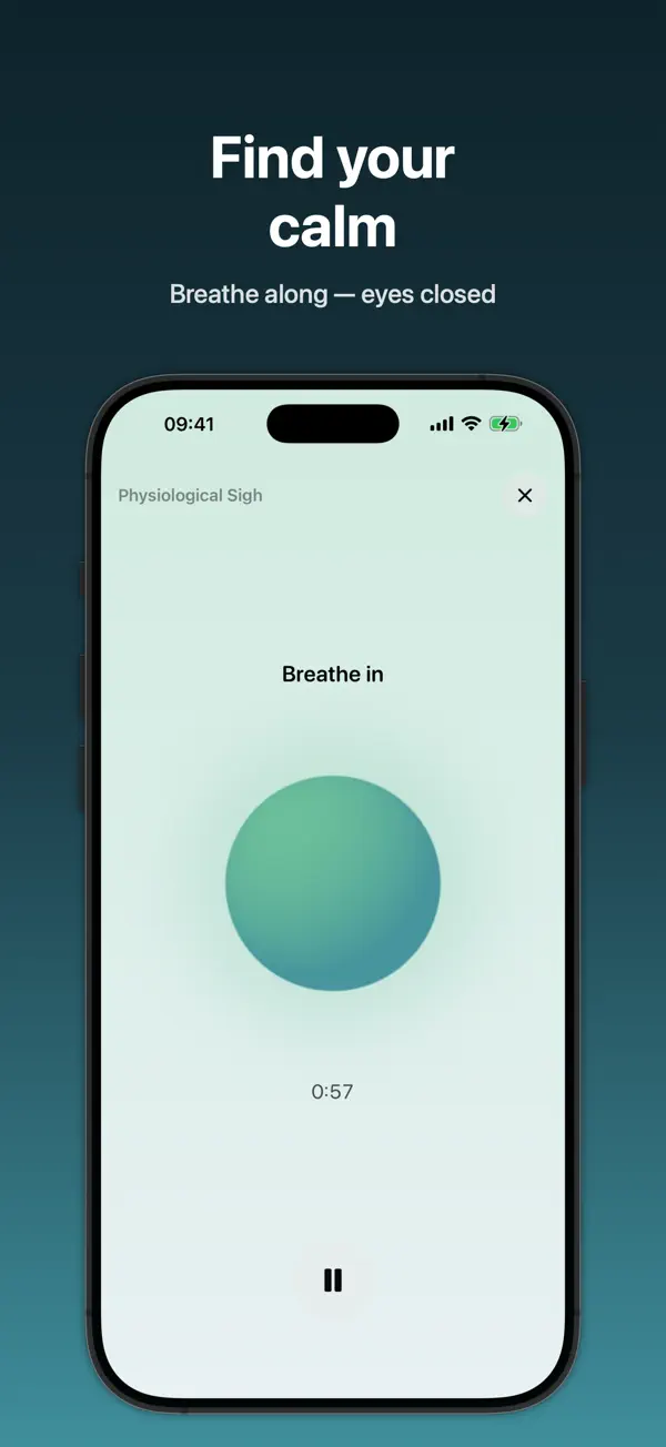 The breathing pacer on iPhone, with an orb that expands on the inhale and a session timer.