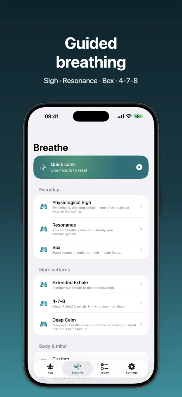 The pattern list: physiological sigh, resonance, box, extended exhale, 4-7-8, and deep calm.