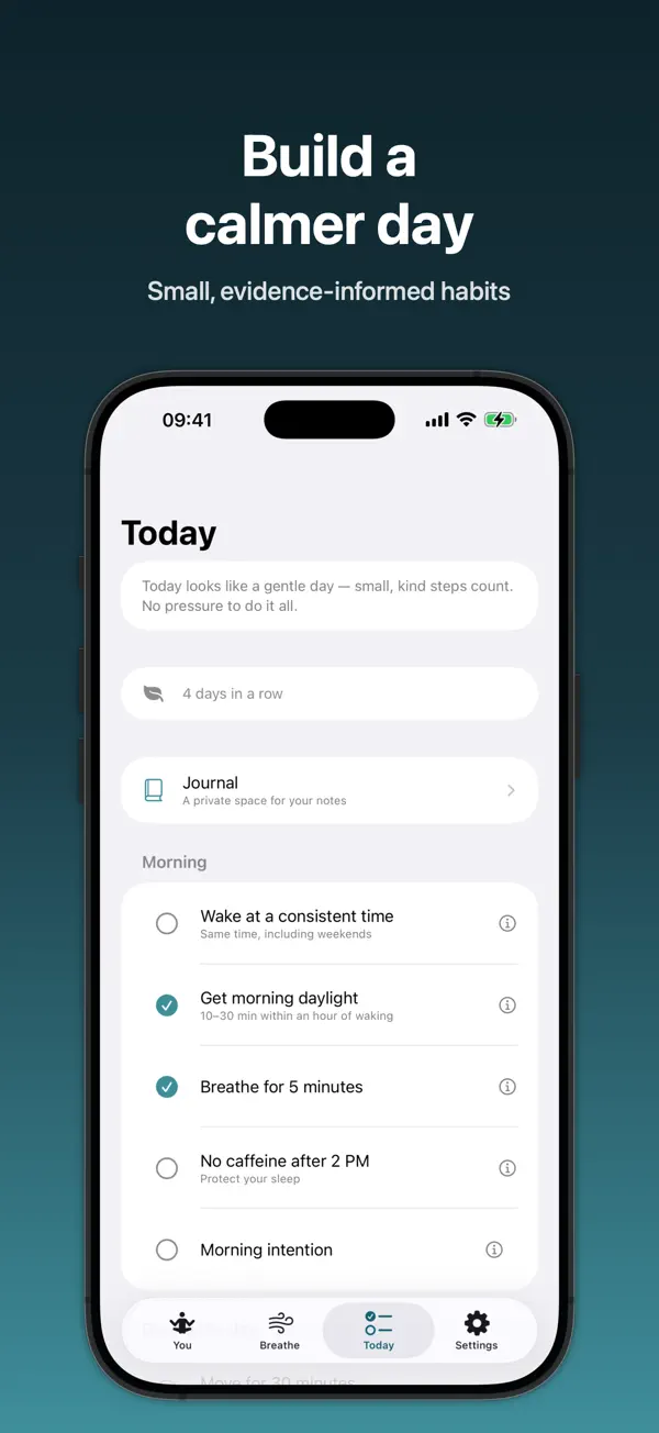 The Today screen, with a daily checklist and a running streak.