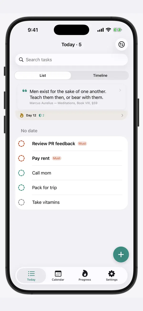 The Today screen, listing the day's tasks with must-do items marked.
