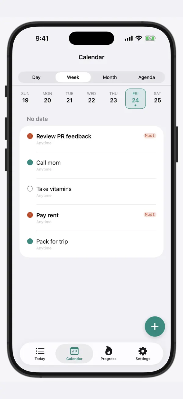 The calendar view, showing tasks across the week.