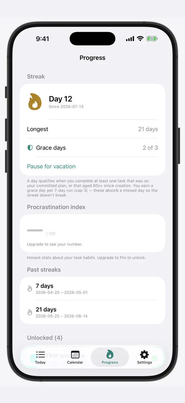 The progress screen, with a running streak and past streaks.