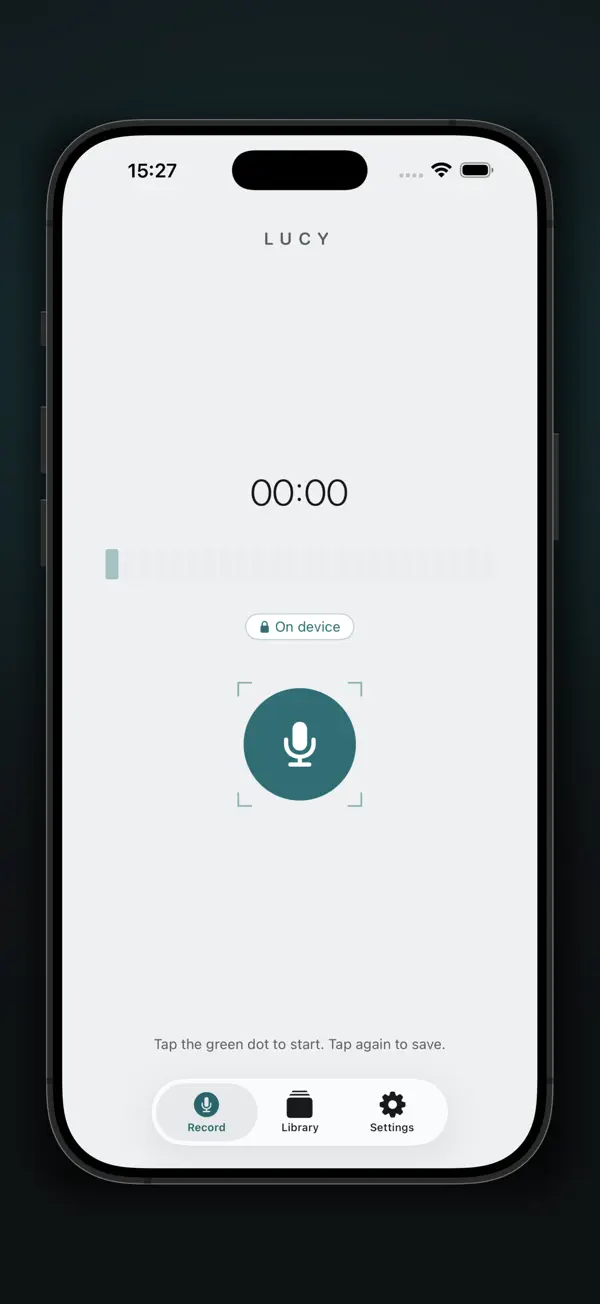 The record screen, with a large microphone button and an on-device badge.